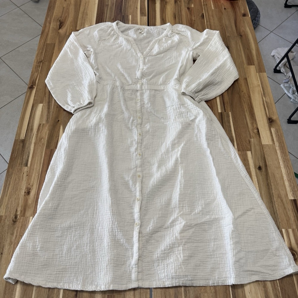 Pact Dress Womens L White Guaze Button Front Midi Long Blouson Sleeves Boho